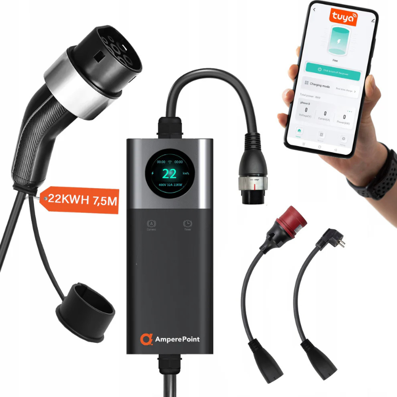 Ampere Point Q22 Pro przenośna ładowarka do samochodów elektrycznych typ 2 22kW adaptery Tuya