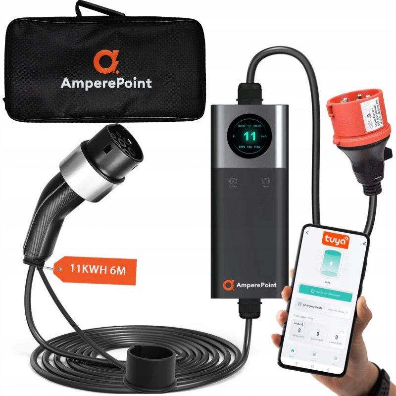 Ampere Point Q11 przenośna ładowarka do samochodów elektrycznych 16A typ 2 11kW 6M aplikacja TUYA WI-FI