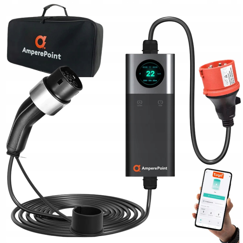 Ampere Point Q22 ładowarka do samochodów elektrycznych 32A typ 2 22kW 6M WIFI aplikacja TUYA