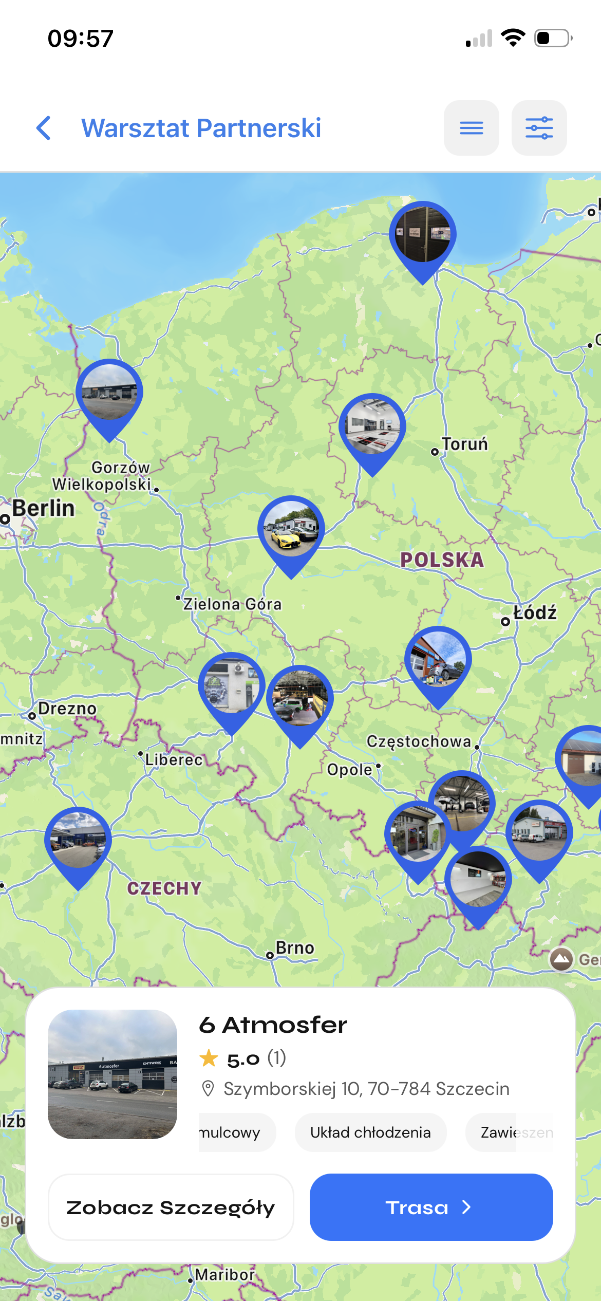 Mapa warsztatów w aplikacji EV Repair Finder